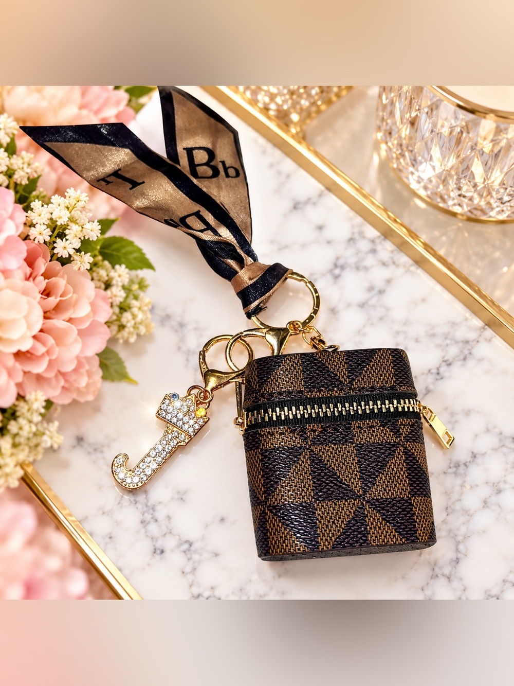 Brown & Black Monogram Mini Keychain Wristlet Pouch with Rhinestone Key Charm